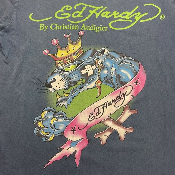 Vintage Y2K Ed Hardy T Shirt All Over Print Blue Green Size L - Picture 3 of 9